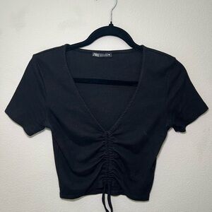 Zara Black V-Neck Ruched Crop Top